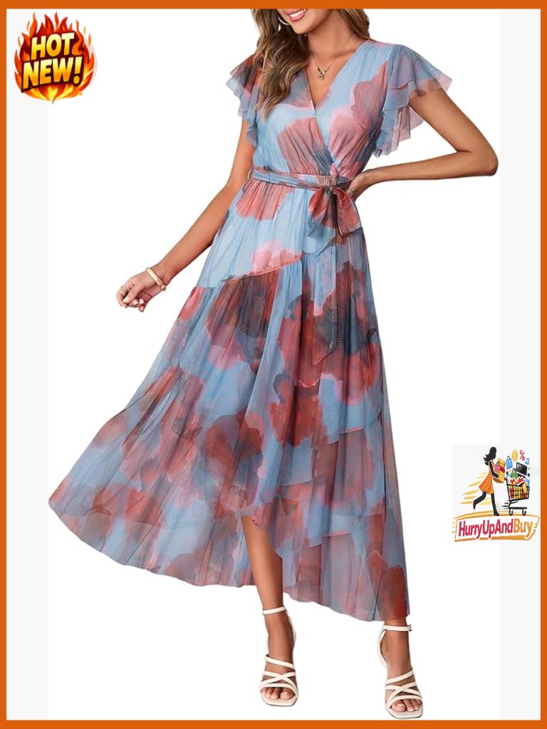 Floral Maxi Dress V Neck Short Sleeve Belted Mesh Hem Split Flowy Boho Chic